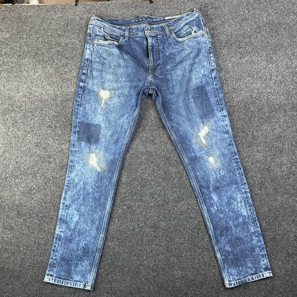 Sean John Distressed Acid Wash Slim Straight Jeans Men 34 Blue